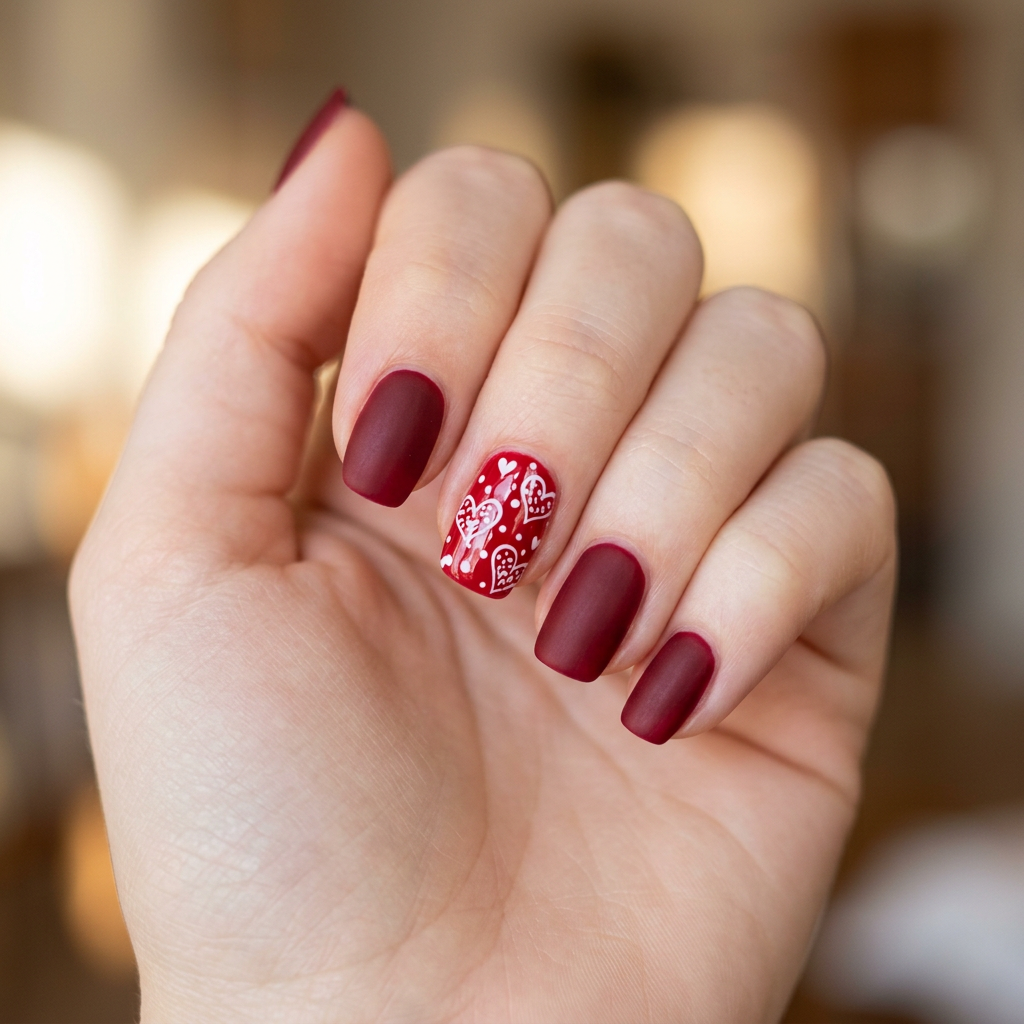 Heart-themed nail art featuring a glossy red base with delicate white heart patterns on an accent nail, complemented by a matte finish on the remaining nails for contrast.