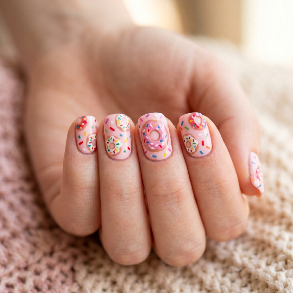 Create a playful nail art design featuring a pink donut with colorful sprinkles. Use a soft pink base for the nails, accented with tiny donuts and vibrant, multicolored sprinkles on each finger to capture a whimsical and fun vibe.