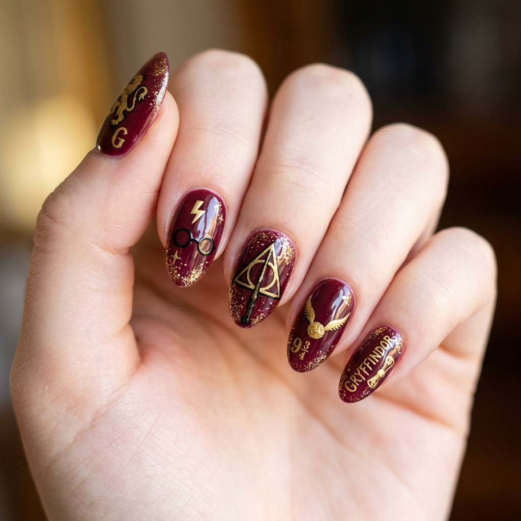 A whimsical nail art design inspired by Harry Potter, featuring a deep burgundy base with gold glitter accents, representing the Gryffindor house. Each nail showcases intricate hand-painted symbols like the lightning bolt, glasses, and the Deathly Hallows emblem.