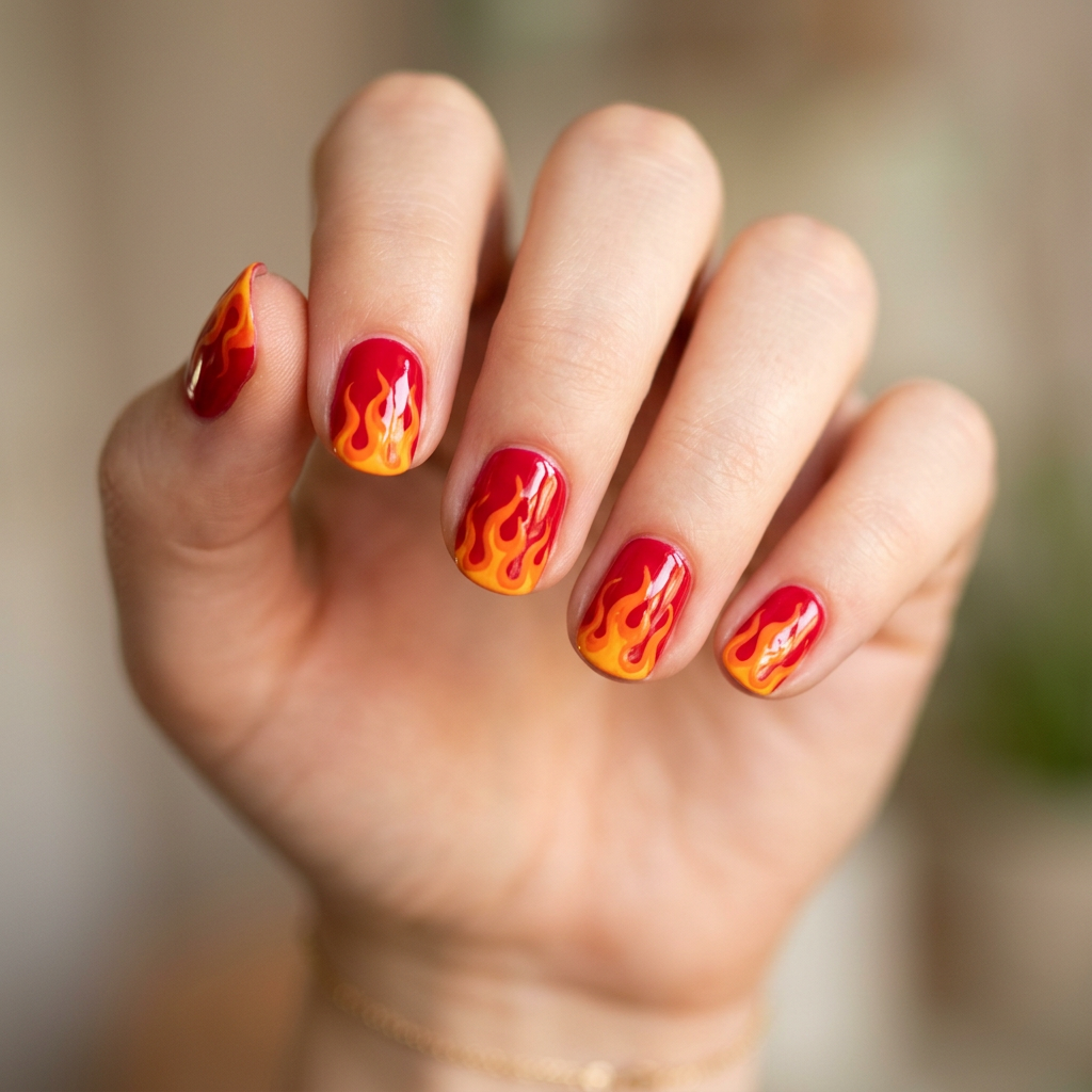 A fiery nail design featuring a vibrant red base with flame patterns in shades of orange and yellow, creating a bold and eye-catching look.