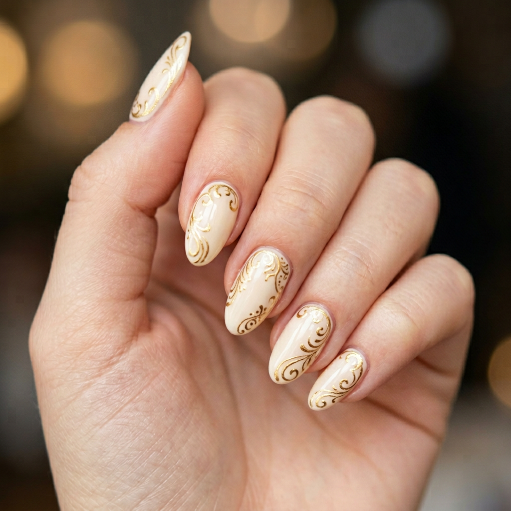 Create a nail design with a soft cream base and intricate gold swirl accents to mimic the elegant and sophisticated pattern, perfect for a formal occasion or an elegant night out., minimal elegant style