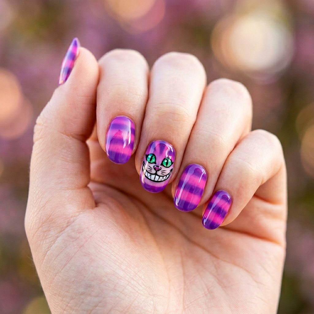 A whimsical nail art design inspired by the Cheshire Cat, featuring a gradient of purple and pink stripes on a glossy finish, with a playful smile and bright green eyes painted on an accent nail.