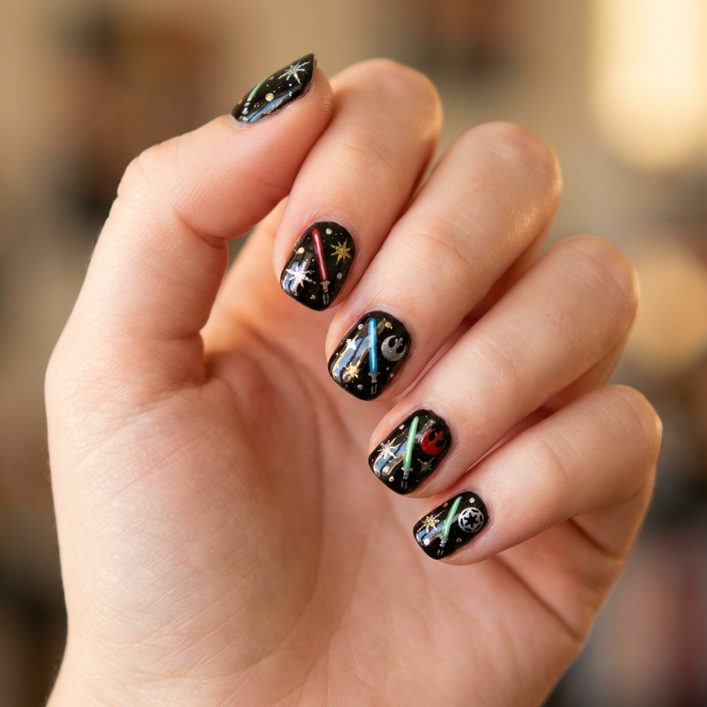 Create a nail art design inspired by Star Wars featuring a deep space background with a glossy black base, accented by silver and gold starburst patterns representing stars and planets. Add small, intricate details like tiny lightsabers and iconic symbols from the series using nail art paint for a fun, themed look.