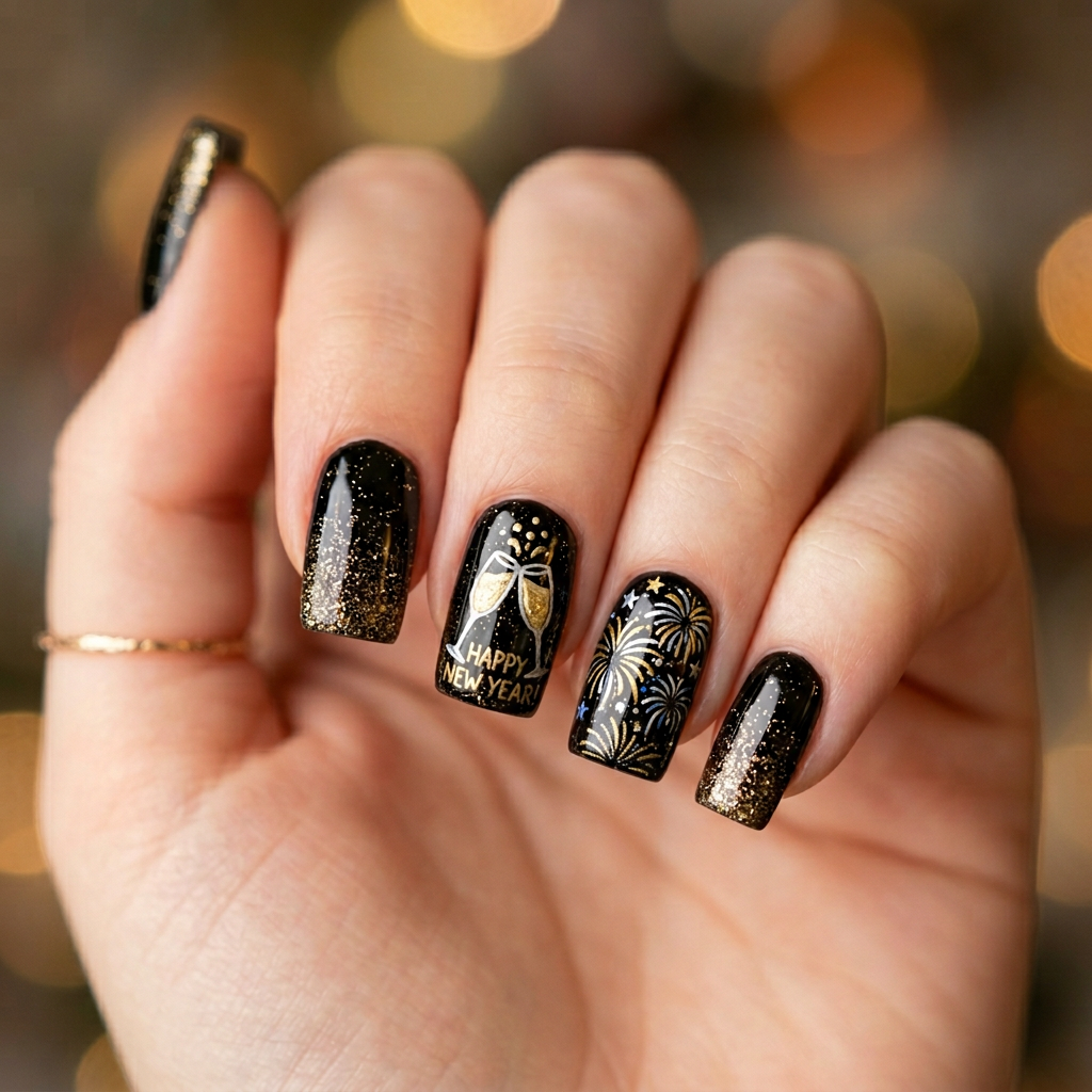 Square-shaped nails featuring a glossy black base with gold glitter accents and a festive New Year theme, including tiny champagne glasses and fireworks hand-painted on a few accent nails.