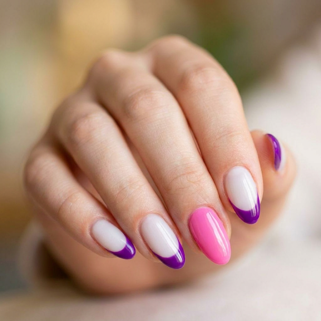 A classic French tip design featuring a soft white base with vibrant purple tips, complemented by one accent nail in a bright pink color. The nails are medium length, creating a chic and stylish contrast.