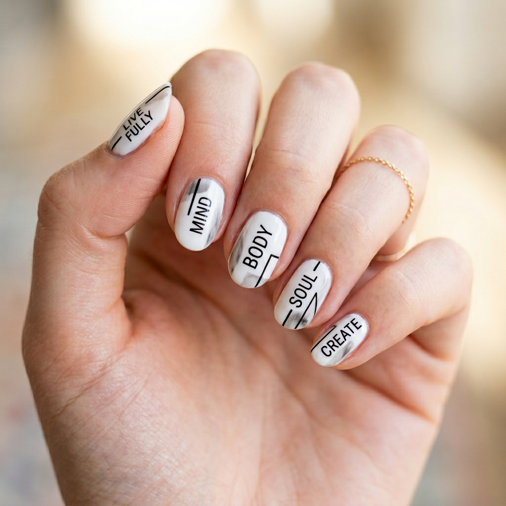 Design nail art with a base of white, featuring black lettering and simple geometric lines to mimic the style of the text. Add subtle gray shading to enhance the contrast and create a minimalist, modern look perfect for everyday wear.