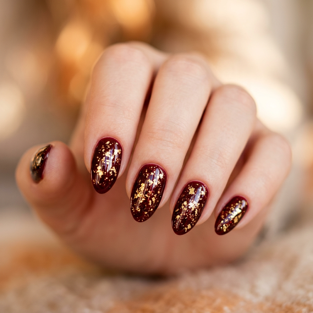 Deep dark red nails adorned with shimmering gold flakes for a luxurious and elegant finish.