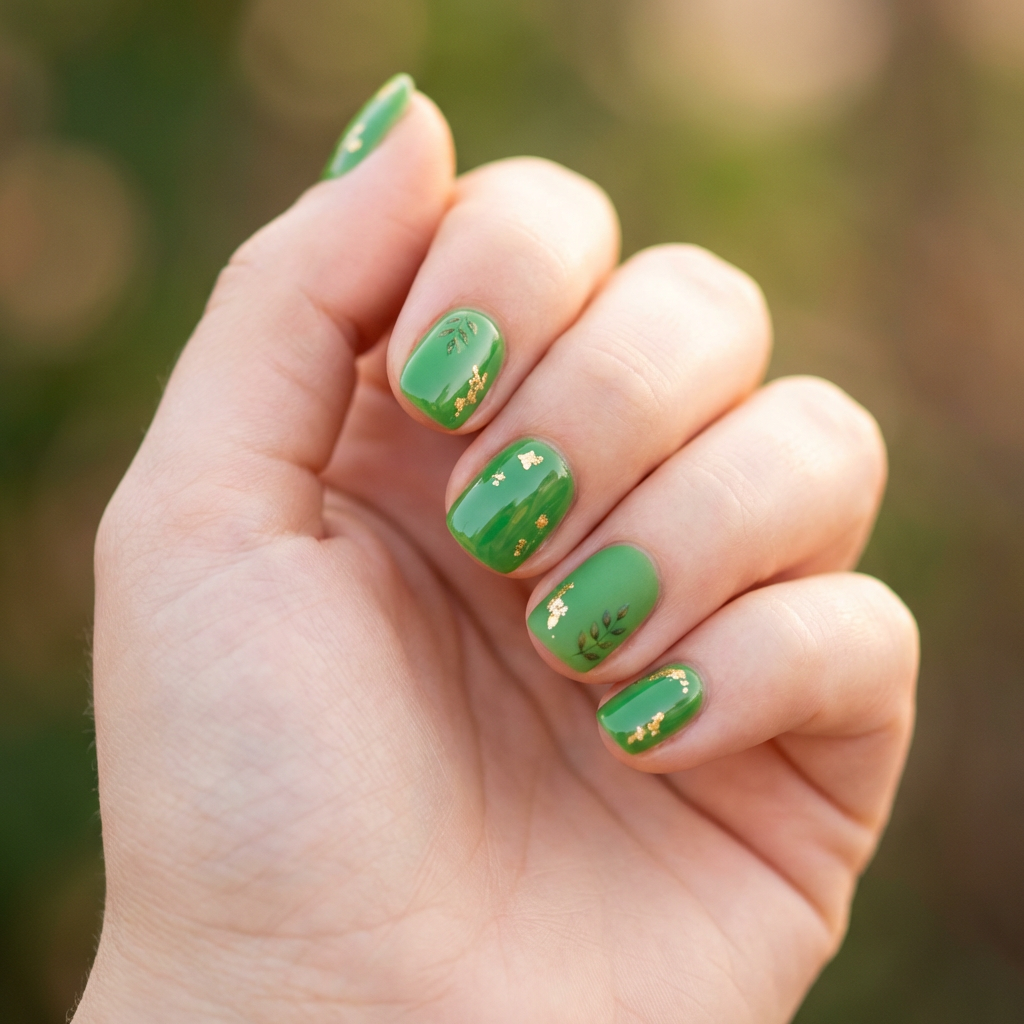 A vibrant green nail design featuring a glossy finish, with a mix of solid green shades and delicate leaf patterns. Some nails can have a matte top coat for contrast, while others are adorned with gold foil accents for a touch of elegance.