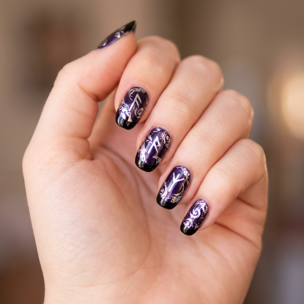 Nails inspired by Yennefer from The Witcher: Wild Hunt, featuring a deep purple base with intricate silver foil accents, and glossy black tips. The design incorporates elegant swirls and mystical symbols for a magical touch.