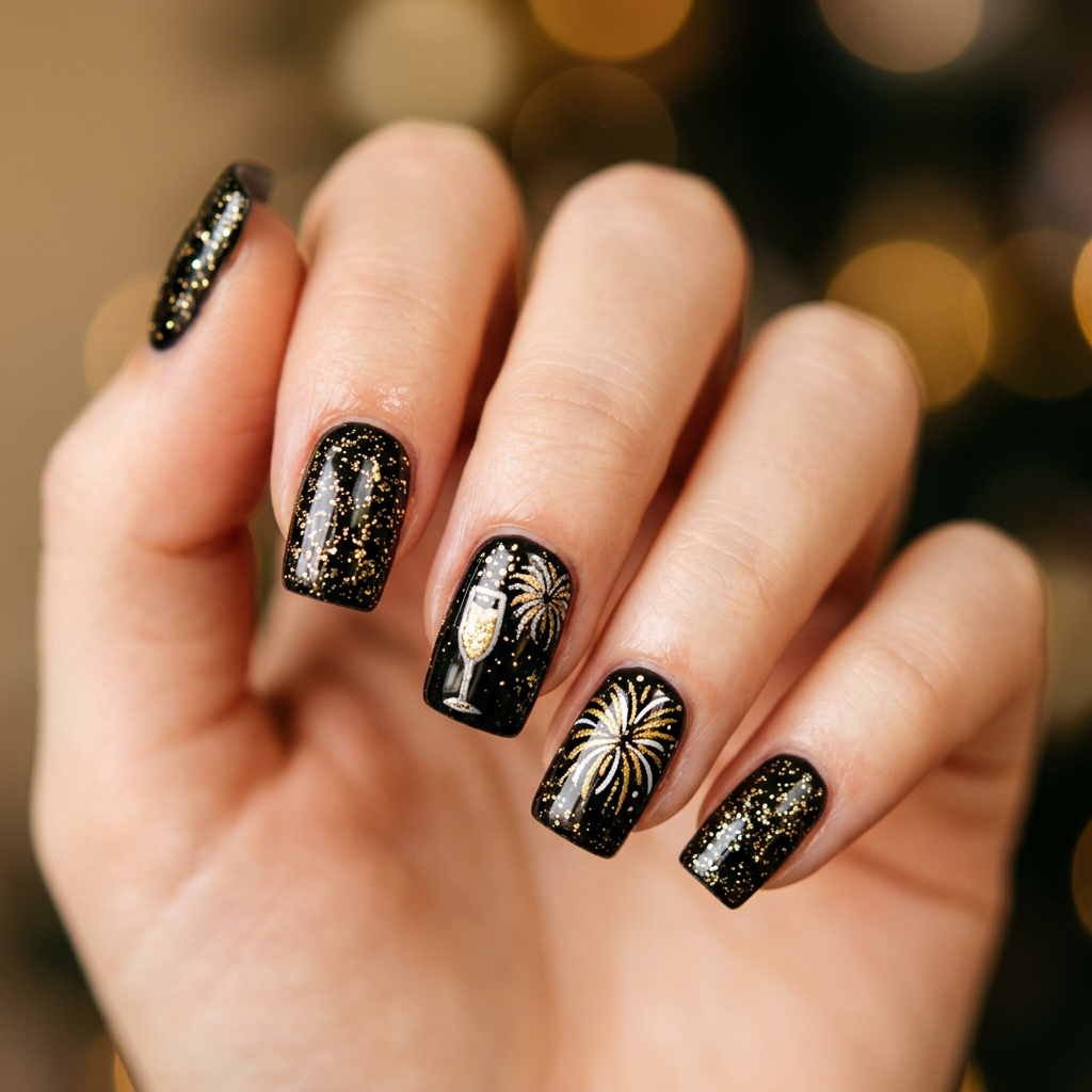 Square-shaped nails featuring a glossy black base with gold glitter accents and a festive New Year theme, including tiny champagne glasses and fireworks hand-painted on a few accent nails.
