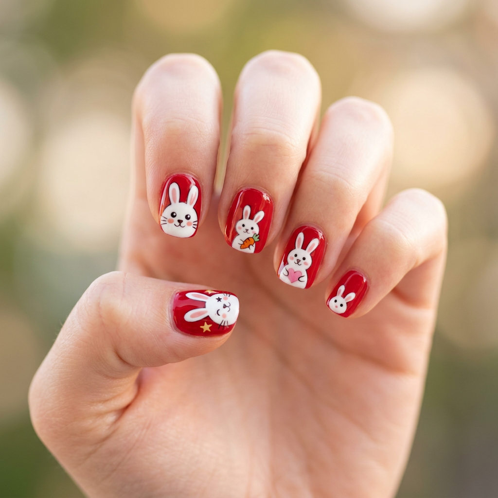 Shiny red nails featuring a playful bunny design, incorporating cute cartoon elements for a whimsical touch.
