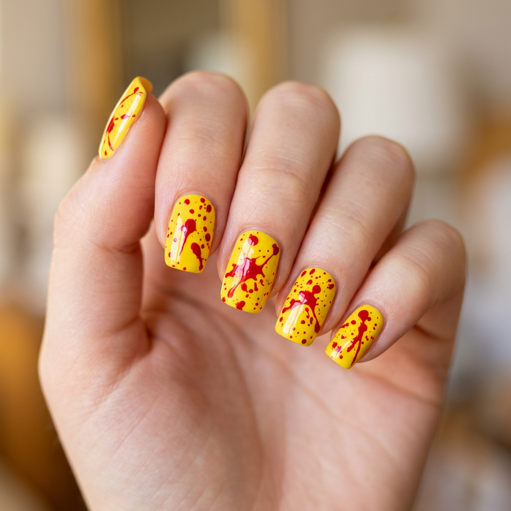 A striking nail design featuring a bright yellow base color with bold red splatter patterns resembling blood, creating a dramatic and edgy look.