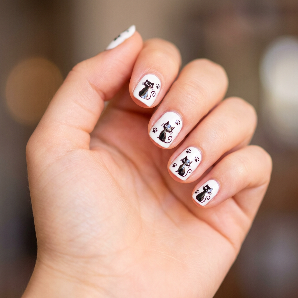 White nails featuring intricate black cat designs, with glossy finish and a playful, whimsical style.