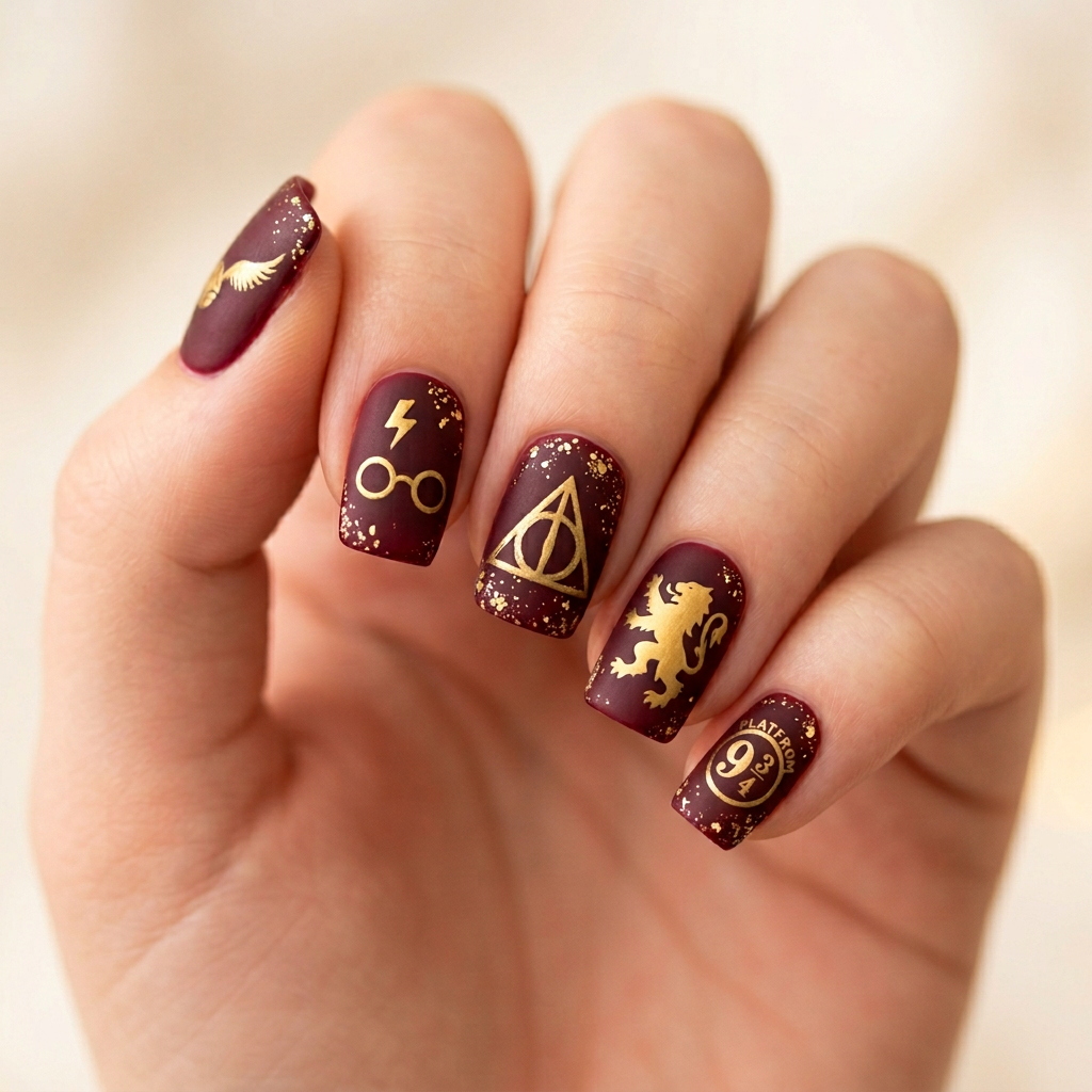 A whimsical nail art design featuring a deep burgundy base with gold glitter accents, inspired by Gryffindor. Each square-shaped nail showcases intricate hand-painted symbols like a lightning bolt, glasses, and the Deathly Hallows emblem, all finished in a matte texture.