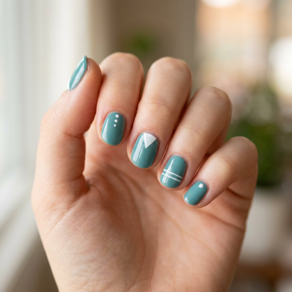 Create a sleek and simple nail design using a teal base color with white accents. Emphasize clean lines and minimalistic patterns for a contemporary look, suitable for everyday wear.