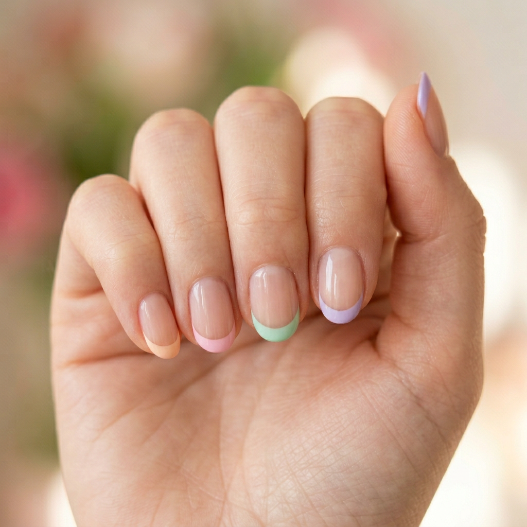 A pastel French tip design featuring soft shades like lavender, mint green, and baby pink, with a glossy finish on a natural nail base.