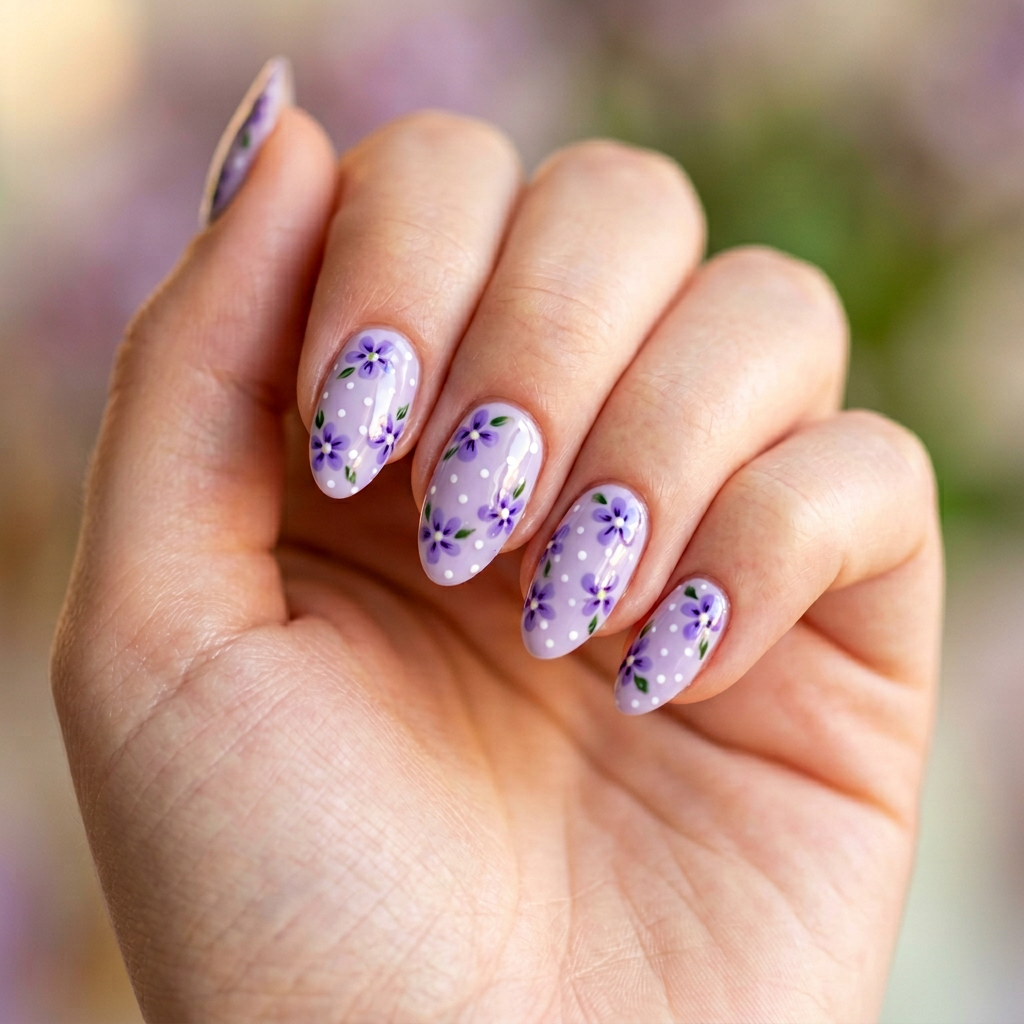 Violet flowers with polka dots design on the nails, featuring a glossy finish.