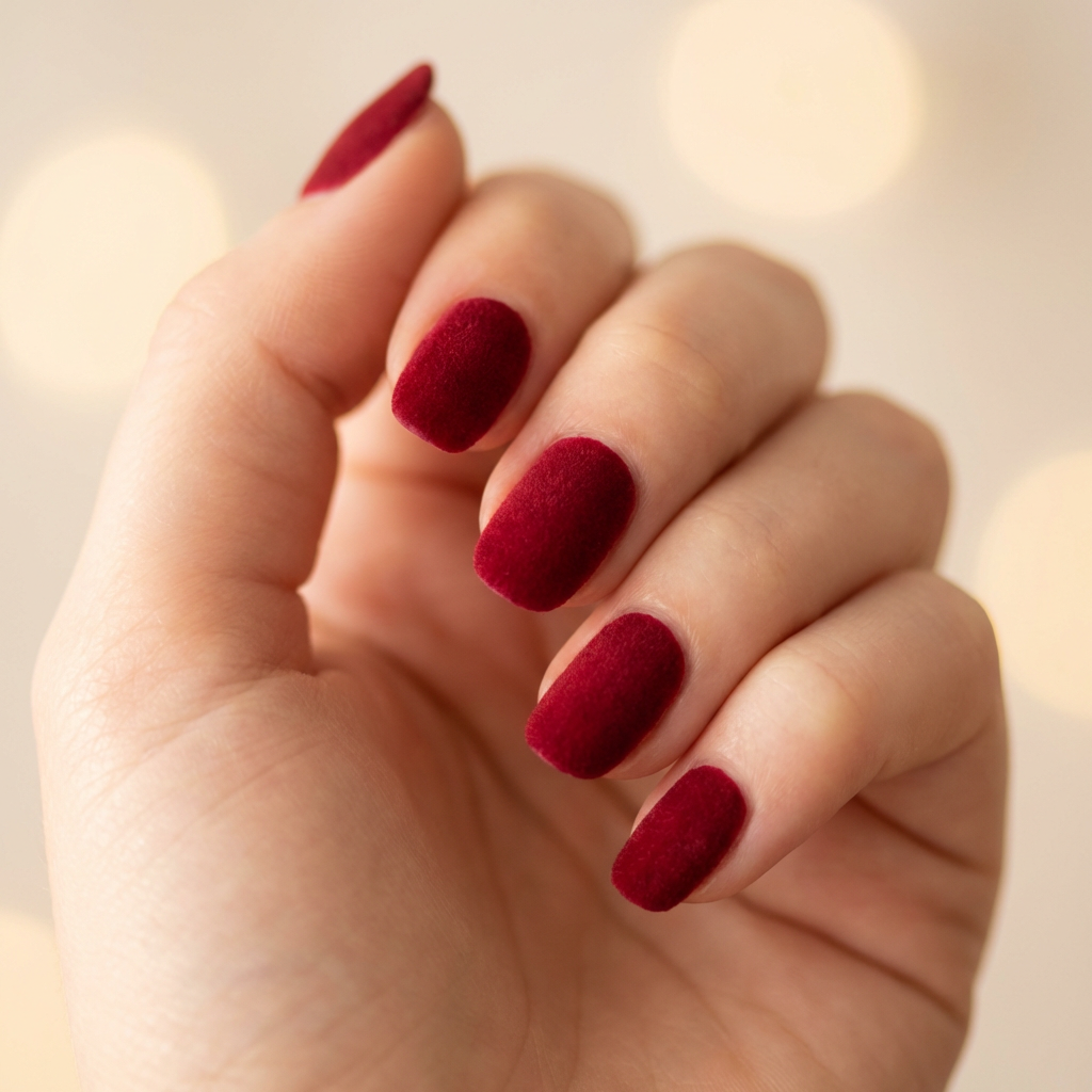 Deep red velvet-inspired nails with a matte finish, featuring a subtle texture that mimics the luxurious fabric.