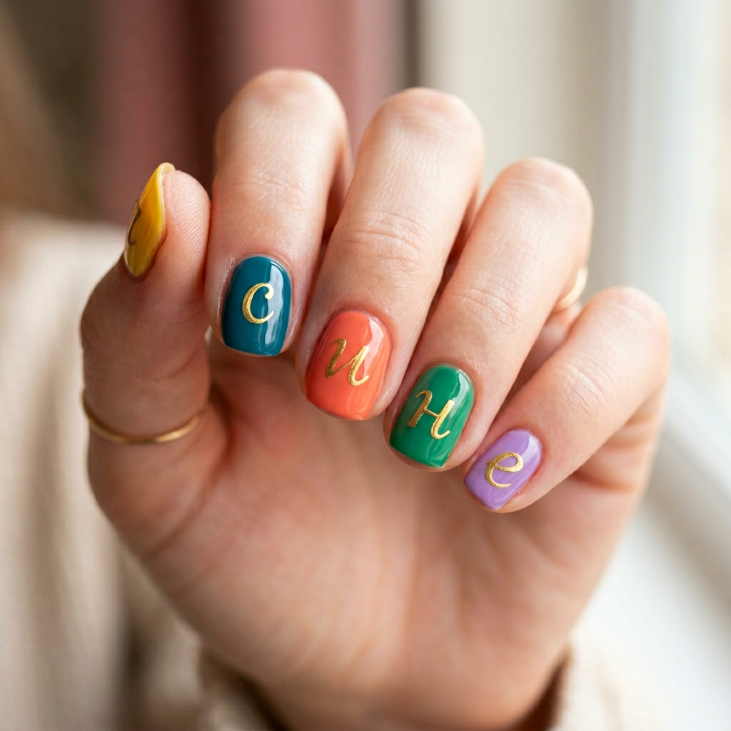 Create a nail design featuring each nail painted with a different Russian letter in order: the first nail with the letter 'с', the second with 'и', the third with 'н', the fourth with 'е', and the fifth with 'п'. Use a glossy finish for a vibrant look.