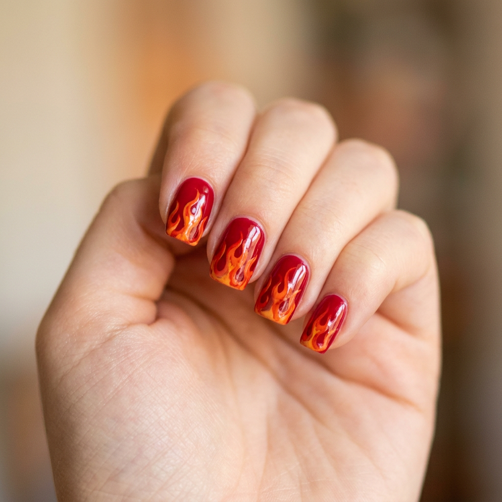 A fiery nail design featuring a vibrant red base with flame patterns in shades of orange and yellow, creating a bold and eye-catching look.