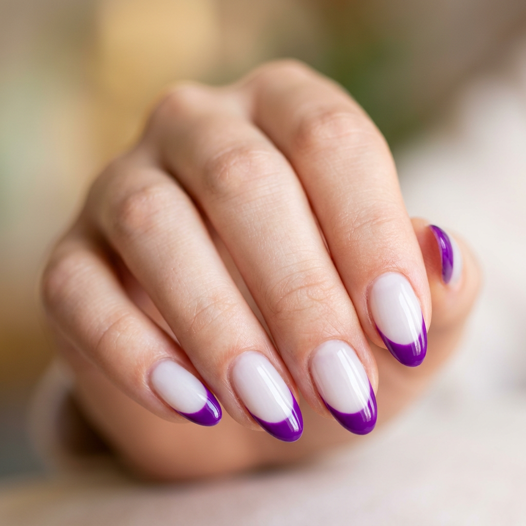 A classic French tip design featuring a soft white base with vibrant purple tips, creating a chic and stylish contrast.