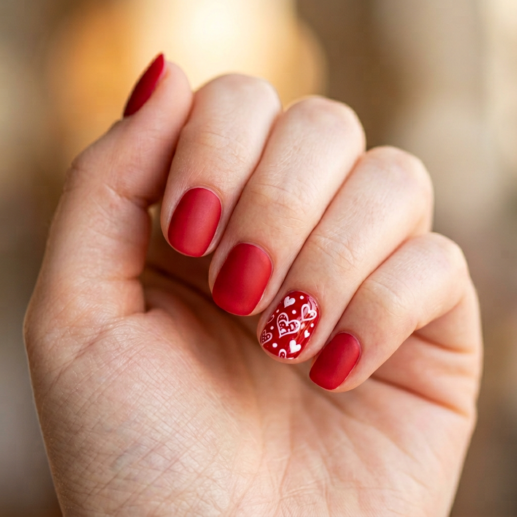 Heart-themed nail art featuring a glossy red base with delicate white heart patterns on an accent nail, complemented by a matte finish on the remaining nails for contrast.