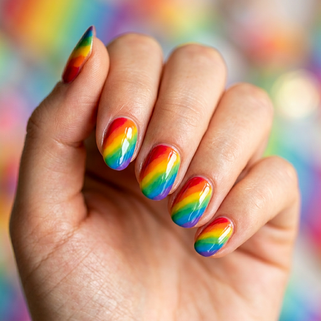 A vibrant rainbow design on a colorful gradient background, featuring a glossy finish that enhances the bright hues.