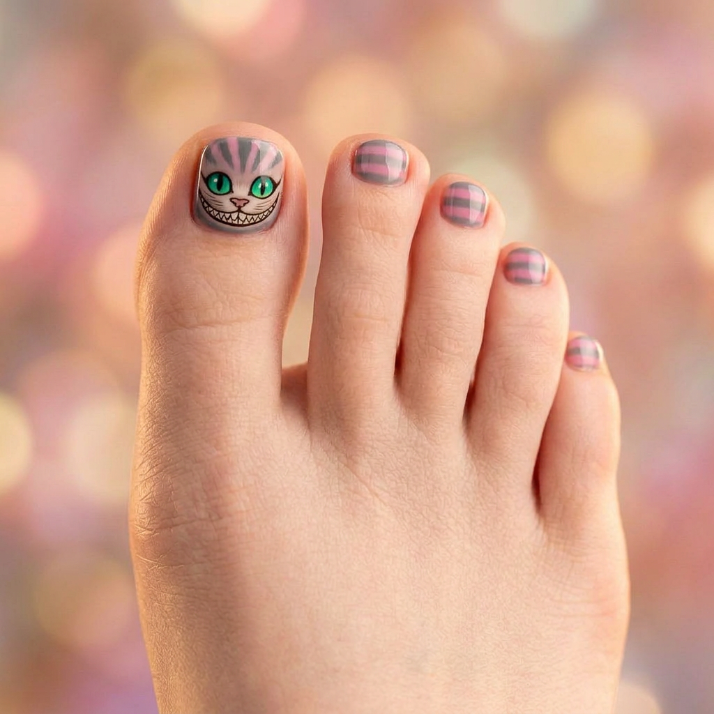 A whimsical nail art design inspired by the Cheshire Cat, featuring a gradient of grey and pink stripes on a glossy finish. An accent toenail showcases a playful smile and bright green eyes, adding a fun touch to the overall look.