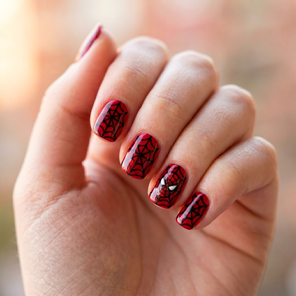 Spider-Man themed nail art featuring a vibrant red base with black web patterns and a small Spider-Man emblem on an accent nail, finished with a glossy top coat.