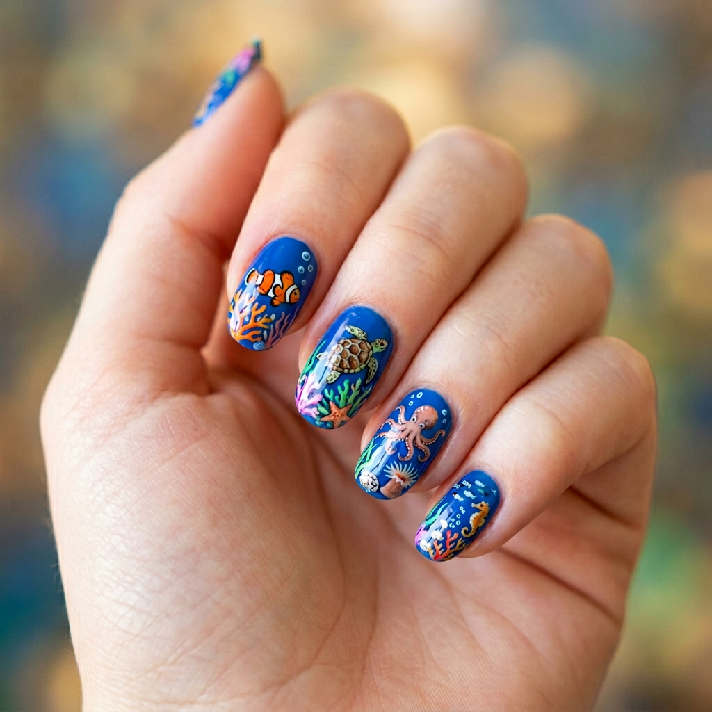 Underwater-themed nail art featuring a blue background with intricate designs of sea creatures and coral, using a glossy finish for a vibrant look.