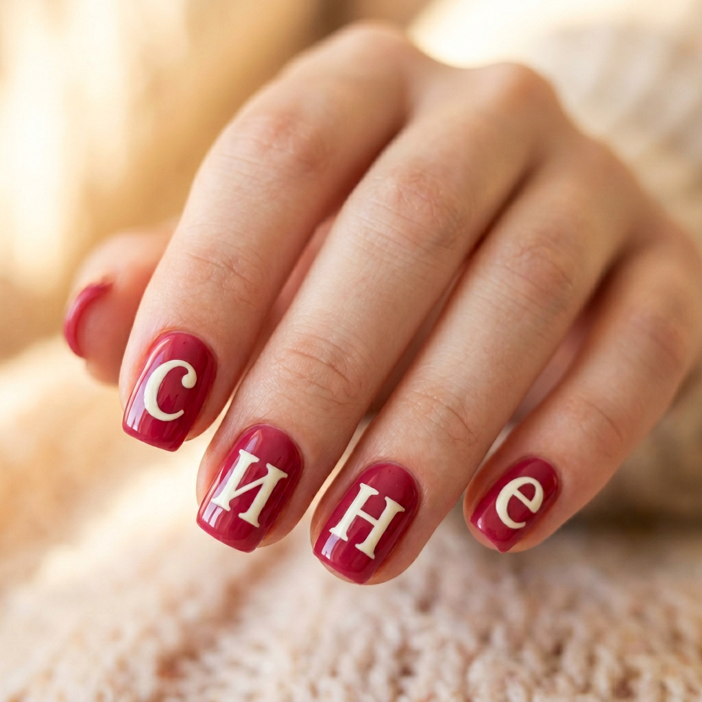Create a nail design featuring a glossy base coat with each nail showcasing a different Russian letter: 'с', 'и', 'н', and 'е', in a bold, contrasting color. The letters can be hand-painted in a stylish font for an elegant look.