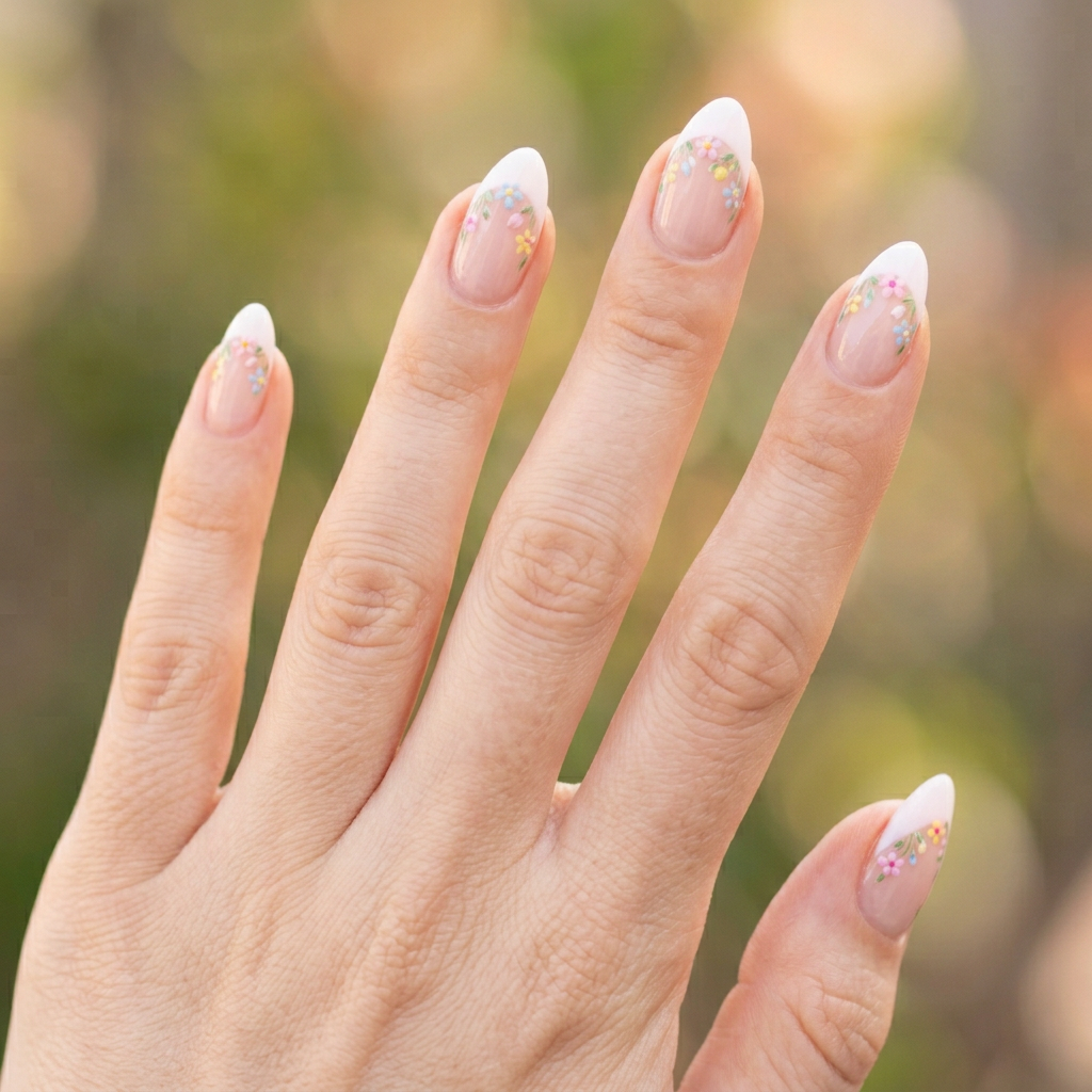 Pastel French tips featuring a delicate design of tiny flowers at the base of each nail, creating a soft and feminine look.