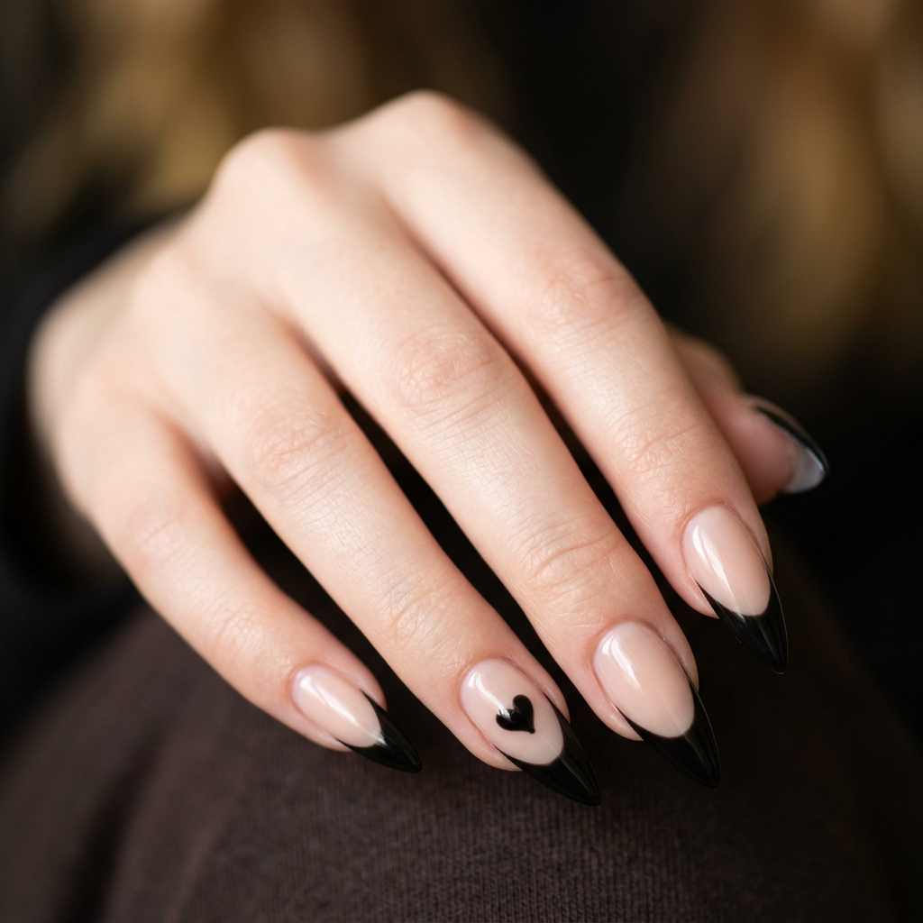Black French tips on long stiletto nails, featuring a small black heart on one finger.