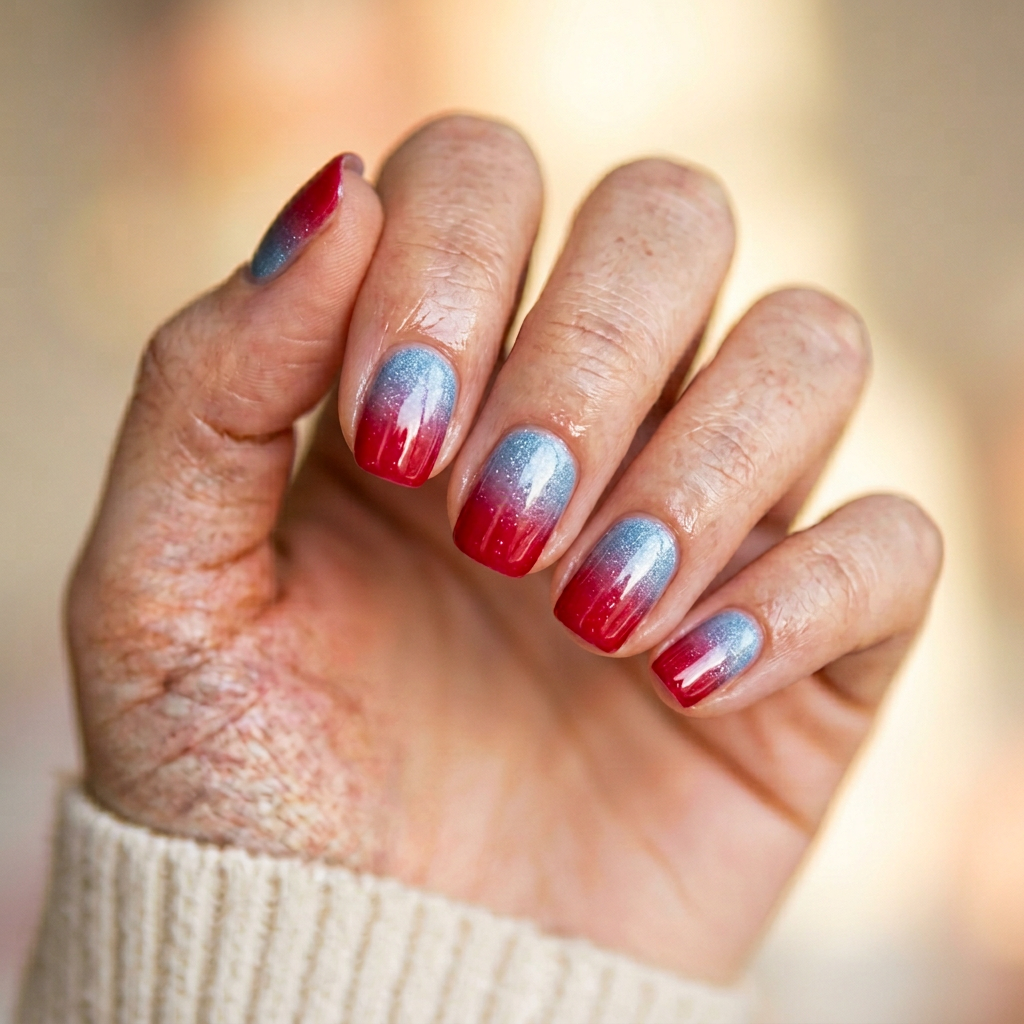 A vibrant red nail design featuring a glossy finish, accented with a platinum blue ombre effect that transitions smoothly from the base to the tips.