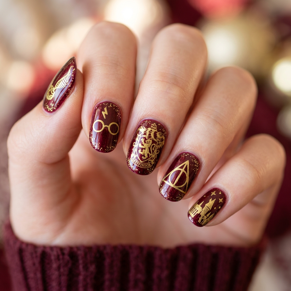 A whimsical nail art design inspired by Harry Potter, featuring a deep burgundy base with gold glitter accents, representing the Gryffindor house. Each nail showcases intricate hand-painted symbols like the lightning bolt, glasses, and the Deathly Hallows emblem.