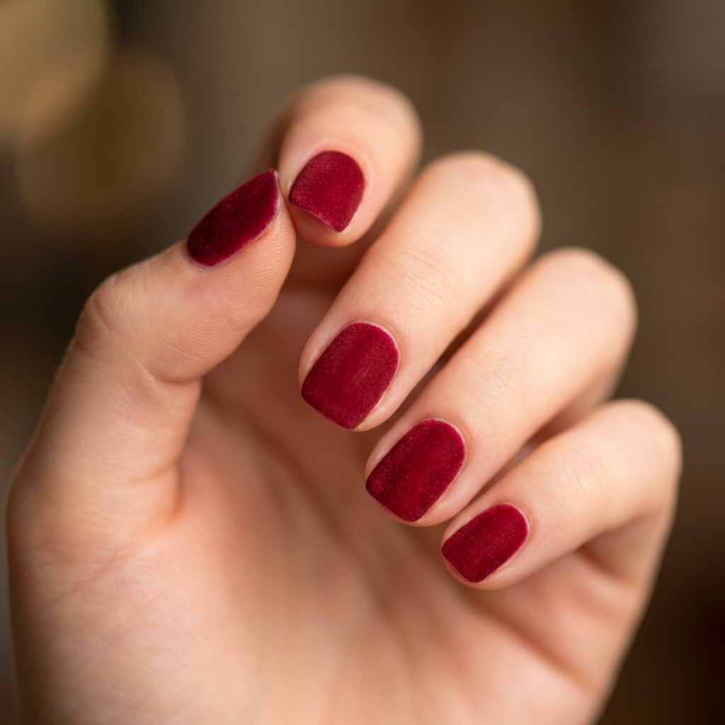 Deep red velvet-inspired nails with a matte finish, featuring a subtle texture that mimics the luxurious fabric.