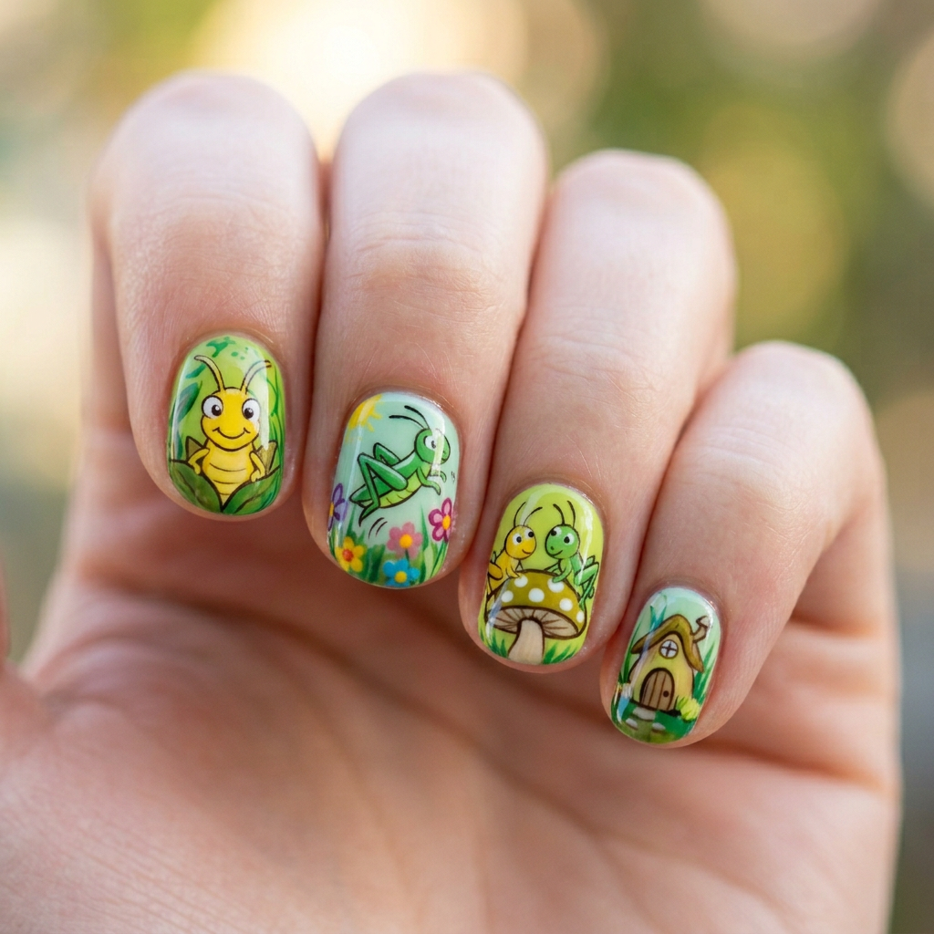 Create a playful nail art design inspired by the cartoon 'Hoppers', featuring a vibrant color palette of greens and yellows. Each nail can showcase a different character or scene, using glossy finishes and fun cartoon-style illustrations.