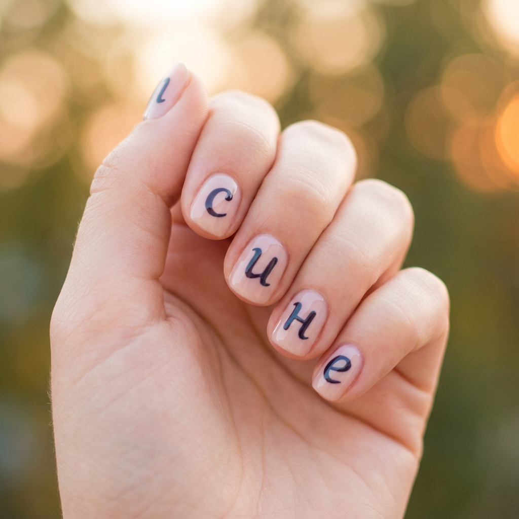 Create a nail design featuring each nail painted with a different Russian letter in order: the first nail with the letter 'с', the second with 'и', the third with 'н', the fourth with 'е', and the fifth with 'п'. Use a glossy finish for a vibrant look.