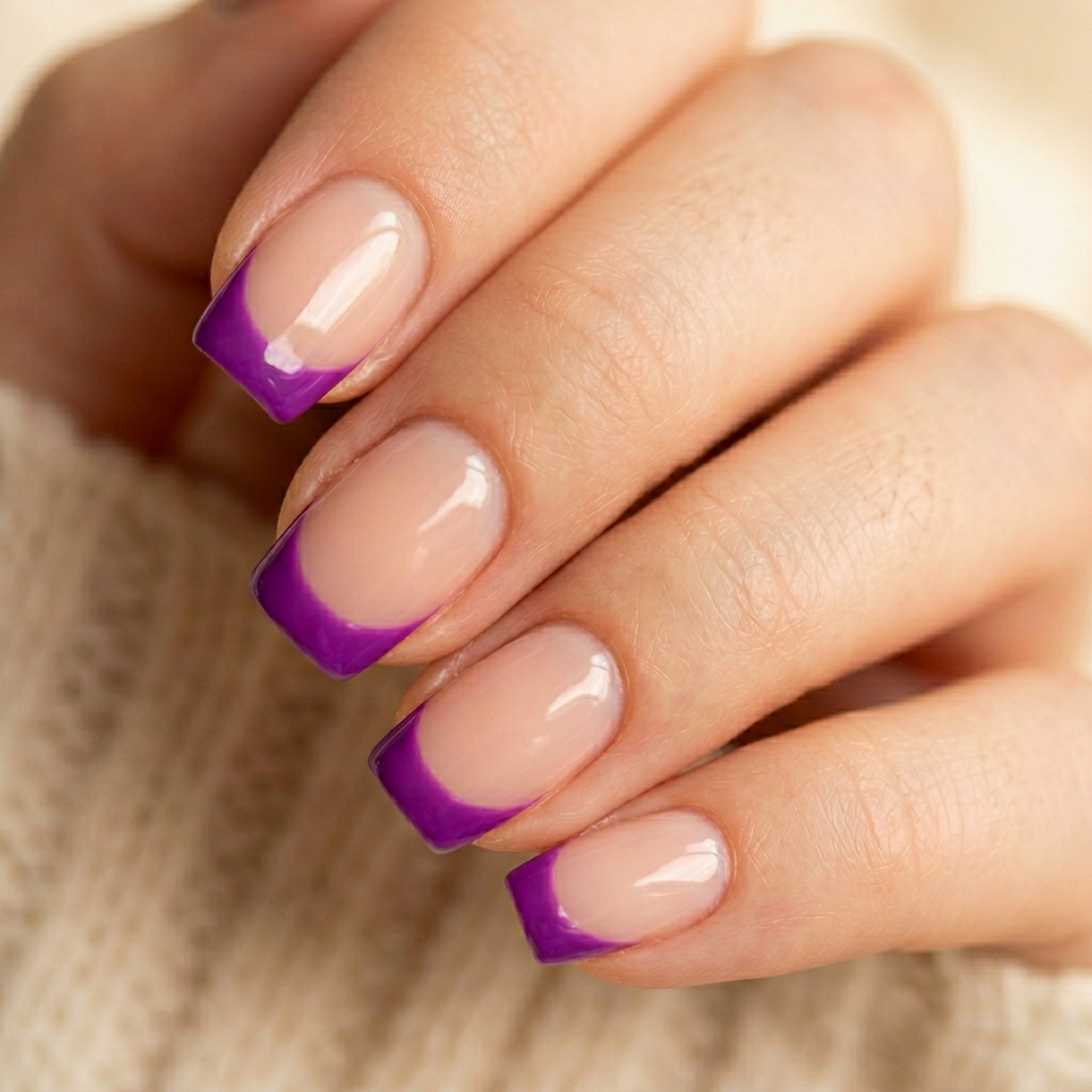 A classic French tip design featuring a soft white base with vibrant purple tips, creating a chic and stylish contrast.