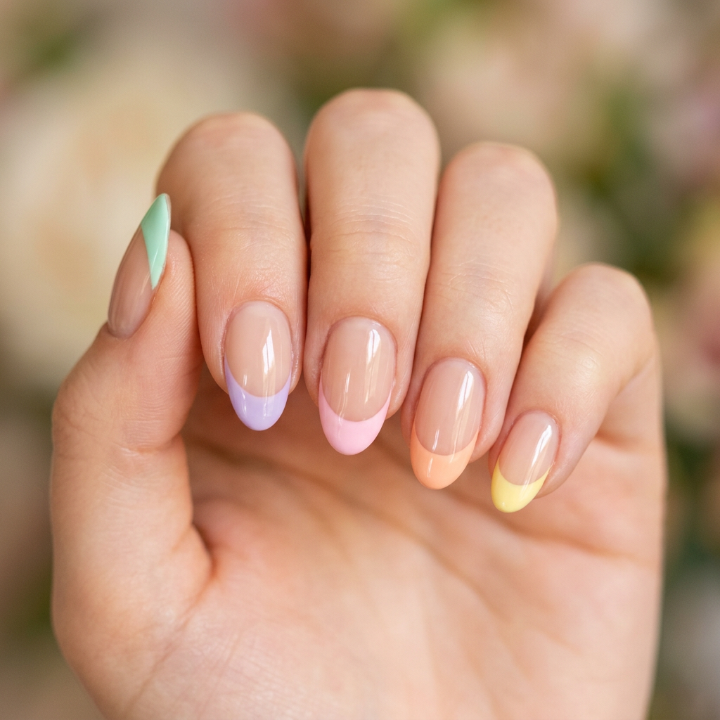 A pastel French tip design featuring soft shades like lavender, mint green, and baby pink, with a glossy finish on a natural nail base.