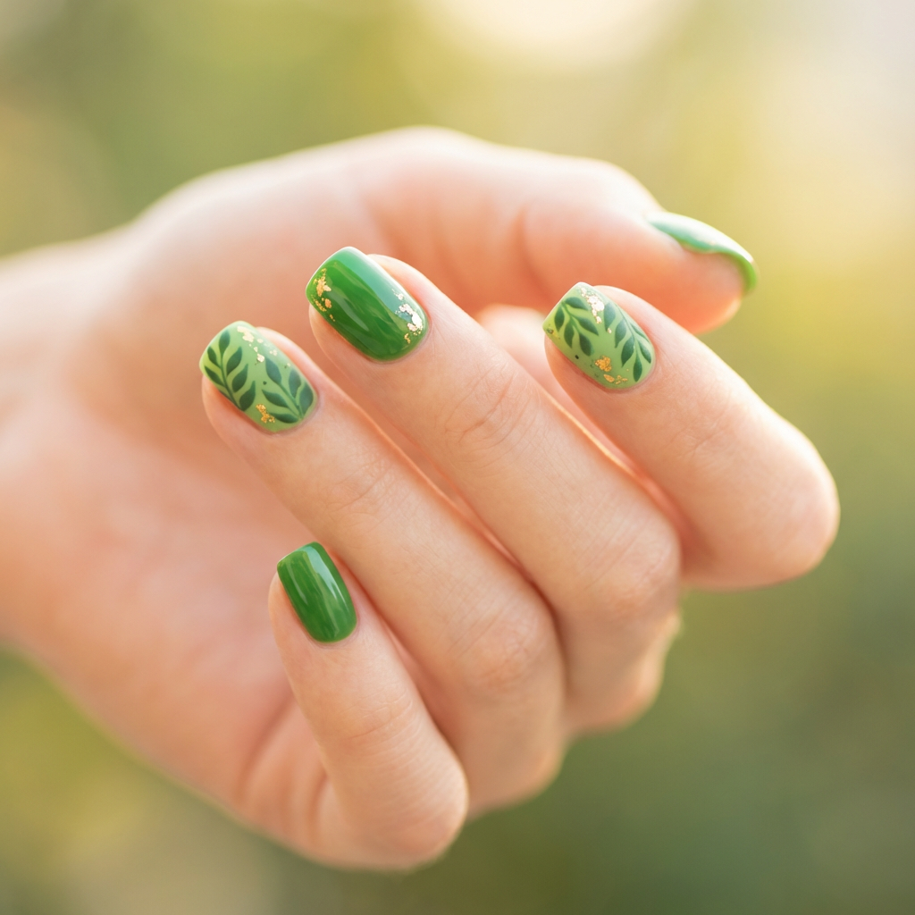 A vibrant green nail design featuring a glossy finish, with a mix of solid green shades and delicate leaf patterns. Some nails can have a matte top coat for contrast, while others are adorned with gold foil accents for a touch of elegance.