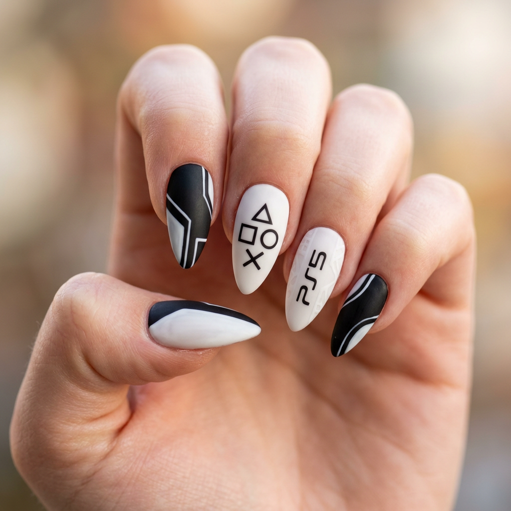 Nail art inspired by the PS5, featuring a sleek white and black color scheme. The design includes glossy black stiletto nails with white geometric patterns and accents resembling the console's design, finished with a matte top coat for a modern look.