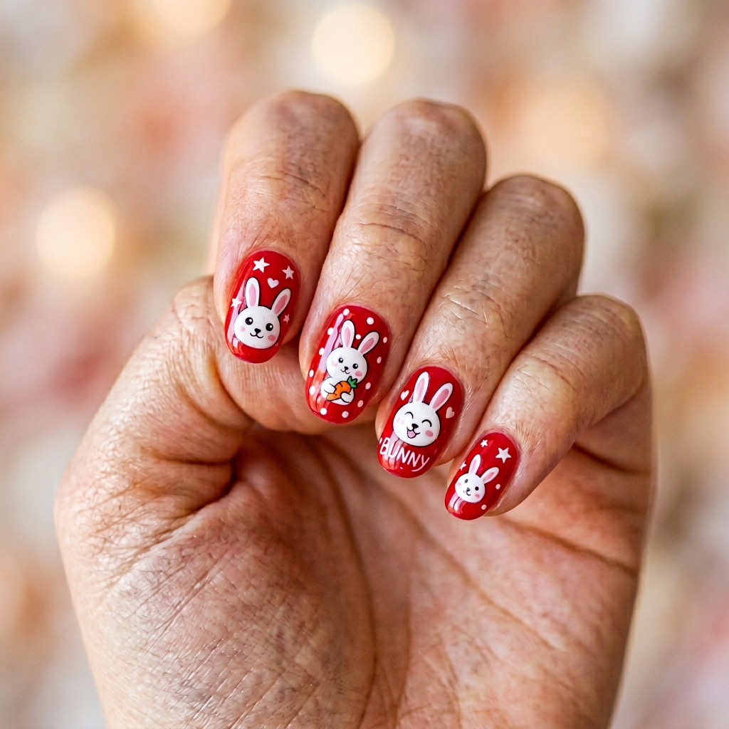 Shiny red nails featuring a playful bunny design, incorporating cute cartoon elements for a whimsical touch.