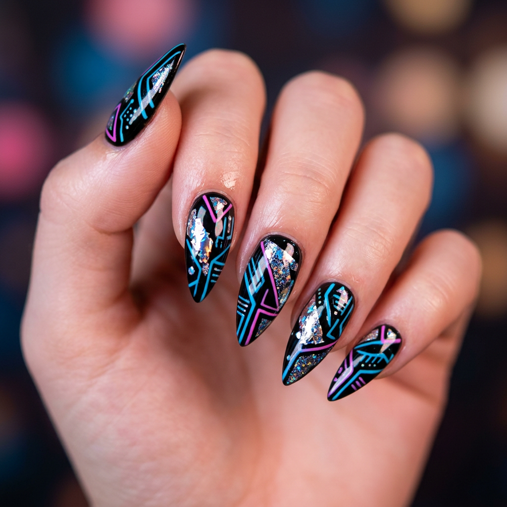 A cyberpunk-inspired nail design featuring a glossy black base with neon blue and pink geometric patterns. Accents of chrome foil and holographic glitter add a futuristic touch, while the nails are shaped in a sharp stiletto style.