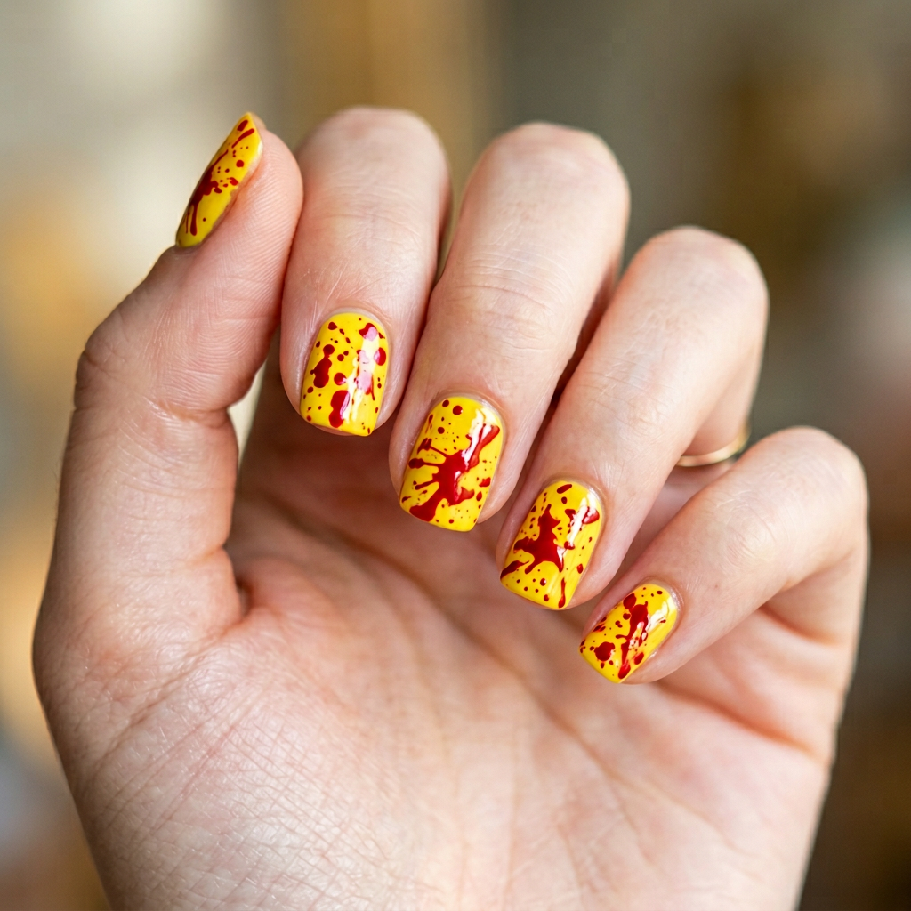 A striking nail design featuring a bright yellow base color with bold red splatter patterns resembling blood, creating a dramatic and edgy look.