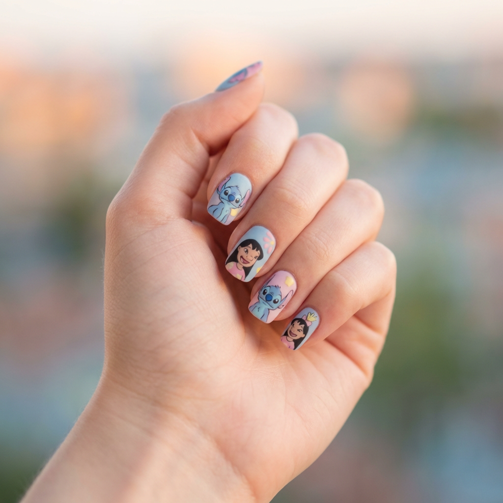 Matte nails featuring hand-painted designs of Lilo and Stitch, with a soft pastel background to enhance the characters.