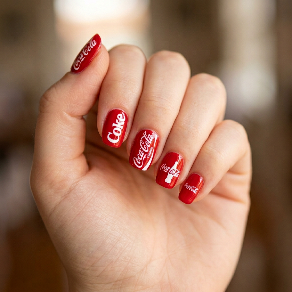 A vibrant red nail design featuring a glossy finish, with intricate Coca-Cola logo patterns hand-painted on each nail for a fun and playful look.