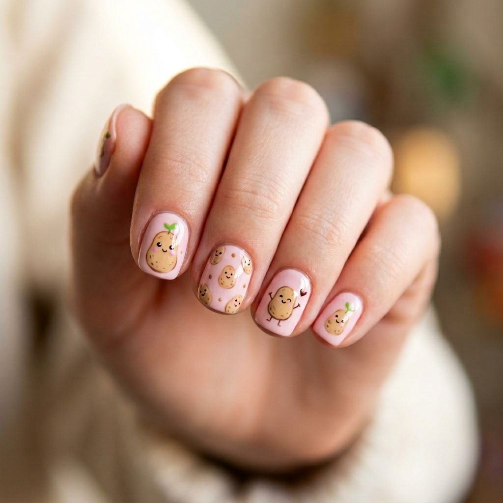 A playful nail design featuring a soft pink background with cute potato illustrations hand-painted on each nail, creating a whimsical and fun look.