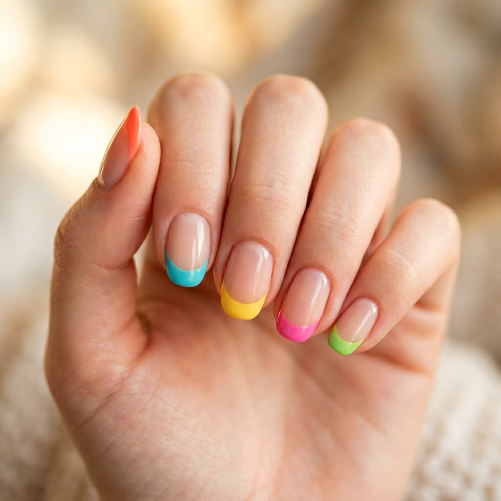Colorful French tips featuring a vibrant palette of shades, with each tip painted in a different bright color for a playful and eye-catching look.