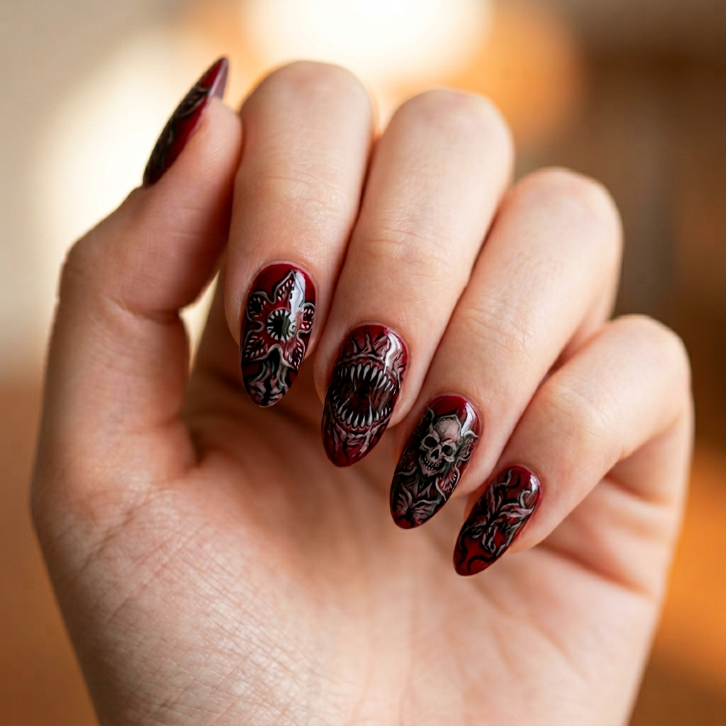 A striking nail design featuring a deep red background with intricate Demogorgon-inspired artwork, showcasing dark, detailed patterns and textures that evoke a sense of mystery and fantasy.